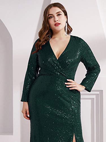 Women's Long Sleeve Plus Size Sequin Gowns Side Split Evening Dress Green Us22 #TOP4