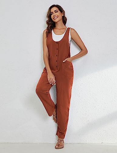 Image of Yeokou Womens Overalls Linen Cotton Jumpsuits Loose Casual Jumpers with Pockets