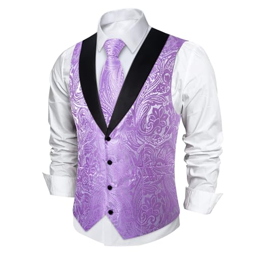 Image of DiBanGu Mens Paisley Suit Vest Silk Jacquard Waistcoat and Necktie Set Formal Shawl Collar Dress Vest 7PCS for Wedding Party