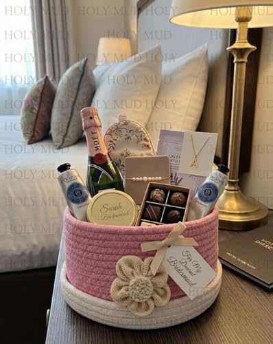 Image of Round Cotton Storage With Lid Gift Basket for Closet Wardrobe Packing, Wedding Organizer, Eco- Friendly Bins Organizer (Pink and White) for Home, Office with Handcrafted Jute Flower.