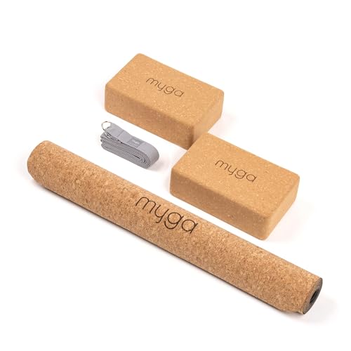 Myga Kork-Yoga-Set | Komplettes Set mit Yogamatte, 2 Yogablöcken & Gurt (Grau) | Rutschfest & Unterstützend | Ideal für Yoga, Pilates, Meditation & Fitnessübungen | Umweltfreundlicher Naturkork