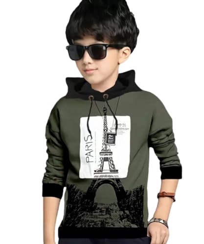 Image of ATLANS Cloths Kids Boys & Girls Hooded Neck Full Sleeves Typography Printed T Shirt, Olive Green, Pack of 1