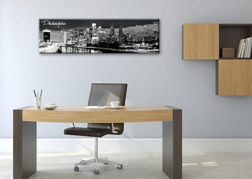Image of DJSYLIFE Philadelphia Skyline Canvas Art, 13.8 inchx47.3 inch, Black & White | Cityscape Wall Decor, Modern Panoramic Night View Print, For Living Room, Office, Bedroom, Ready to Hang