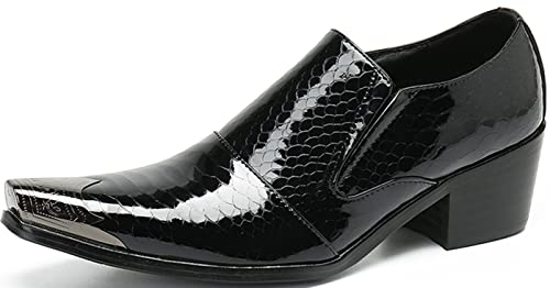 Santimon Mens Slip On Loafers Patent Leather Dress Shoes – Cuban Heel Metal-Cap Toe Loafers in Snake-Embossed or Studded, Gothic Western Formal Footwear