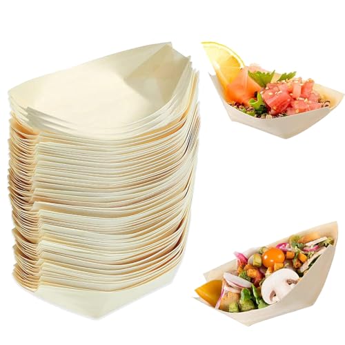 Bol en Bois,50 PCS Coupelle en Bambou bateau pour Amuse-Bouches Saucisses Frites Sushis Beignets Plats Chauds et Froids