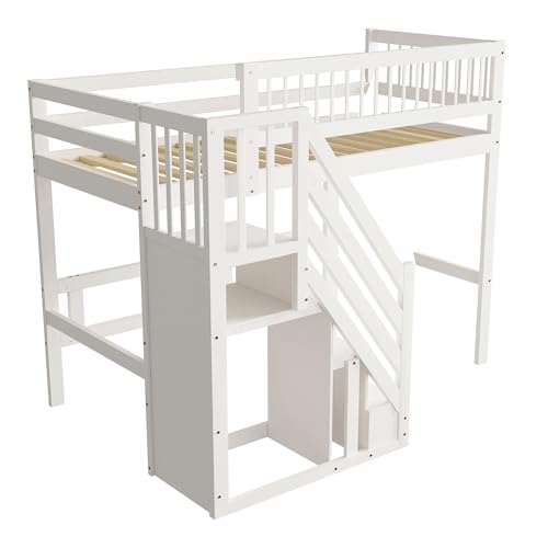 Etagenbett 90x200, Kinderbett Hochbett mit Treppe und Aufbewahrungsschrank, Funktionsbett Einzelbett Stockbett Spielbett Kinderhochbett Jugendhochbett mit Lattenrost, Massivholz, Ohne Matratze, Weiß