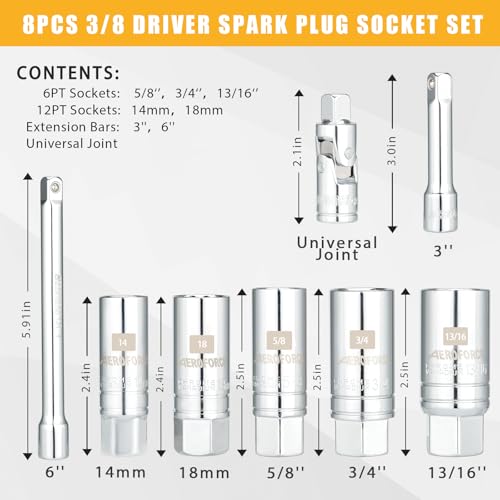 Image of AEROFORCE 3 /8-Inch Drive Spark Plug Socket Set 8PCS | Includes 6 Point Sockets 5 /8-inch, 3 /4-inch and 13 /16-inch, 12 Point Sockets 14mm&18mm, 2 Extension Bars,Universal Joint