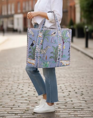 Image of Cotton Tiger Block Print Tote Bag, Indian Handmade Shopping Shoulder Bag, Unisex Market Daily Use