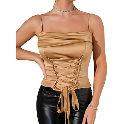 MOALLUOM Womens Satin Lace Up Crop Tops Sleeveless Sexy Spaghetti Straps Bustier Corset Top Y2k Bodyshaper (as1, alpha, x_l, regular, regular, Khaki) Cover