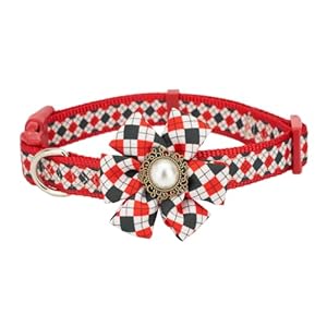 YUDOTE Christmas Dog Collar Medium Diamond Checkered Pattern with Removeable Hand-made Flower Ornament