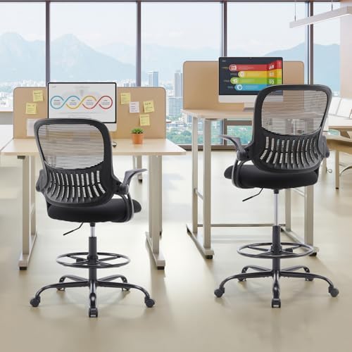 Image of Sweetcrispy Tall Drafting Desk Chair - Ergonomic High Stool Computer with Adjustable Height and Comfy Lumbar Support, Office Rolling Counter with Flip-up Arm and Footrest, Black