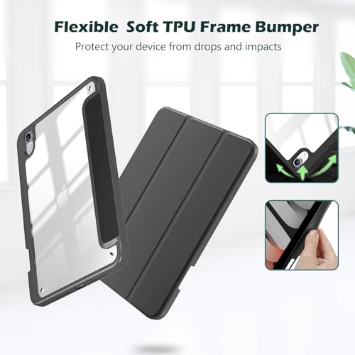 ProCase iPad Mini A17 Pro 第7世代 2024 Mini6 ケース 2021 8.3インチ ペンホルダー オートスリープ/ウェイク機能 耐衝撃 三つ折りスタンド 透明バックカバー 適用機種：iPad Mini A17 Pro 第7世代 2024、iPad Mini 6世代 2021 -ブラック