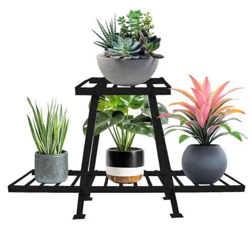 Image of Oriley 2-Tier Plant Stand Anti-Rust Metal Flower Pot Holder Outdoor and Indoor Planters Gamla Stands for Balcony & Living Room Home Decor (Pack of 1, Black)