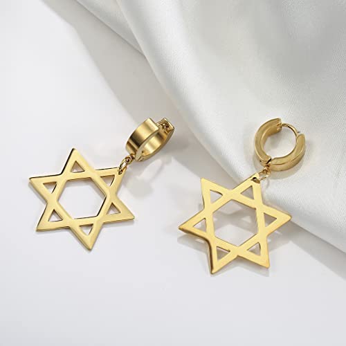 Star Of David Dangle Earrings For Men Women Stainless Steel Individual Punk Style Hexagram Clip On Hoop Earrings Religious/Israeli Jewelry (Gold) #TOP1
