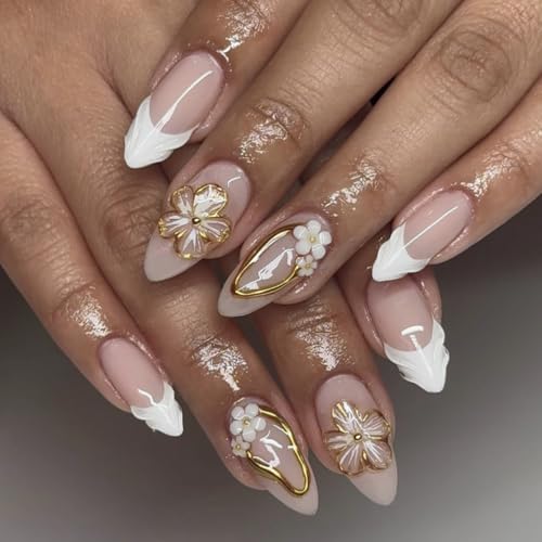 evpct 3D Flower French Press on Nails Medium Almond with Gold Lin...