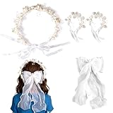 Juego de 2 coronas para el pelo de comunión para niñas – Diadema de perlas y lazo para el pelo en color blanco elegante para primera comunión, bautizo y boda, delicado tocado de flores para niñas y