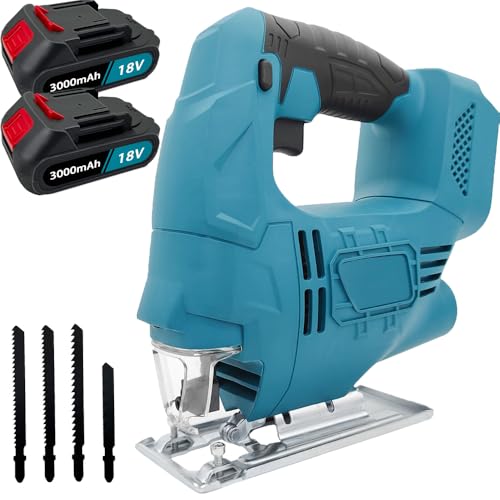 Akku Stichsäge 18v, mit 2x 3000mAh Akku und Ladegerät, Ersatz für Makita JV101DZ, mit Arretierung und stufenlosem Geschwindigkeitsschalter, Schneller Blattwechsel für Holz, PVC, Sperrholz und Metall