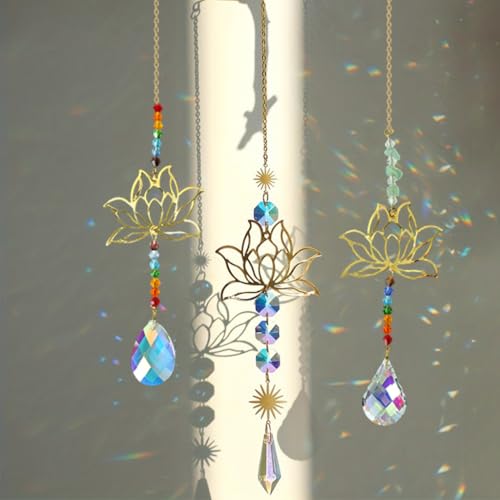 Image of HASTHIP 3 Pcs Lotus Color Crystal Stone Hanging, Suncatcher Wall Hanging Ornaments, Cutout Lotus Charm Zen Decor Rainbow Beaded Gem Suncatcher Wind Chime for Door, Window, Room