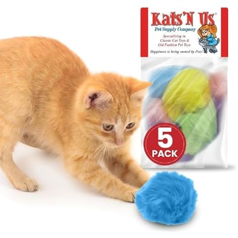 Kats'N Us Cat Ball Toy with Real Rabbit Fur - Pom Pom Balls, Puff Balls, Plush Ball Toy for Happy Indoor Cats and Kittens - Multicolored Cat Pom Pom Balls 5 Pack Cover