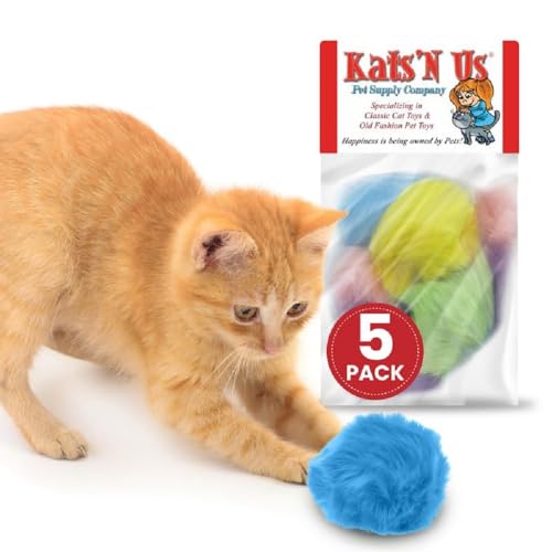 Kats'N Us Cat Ball Toy with Real Rabbit Fur - Pom Pom Balls - Multicolored Cat Pom Pom Balls 5 Pack