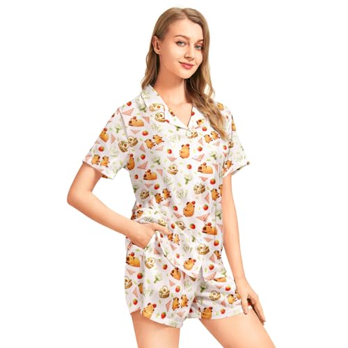 Image of Funny Pajamas for Women Set Print Satin Loungewear Pjs Short Sleeve Button Down Top and Shorts Sets Sleepwear XS-3XL