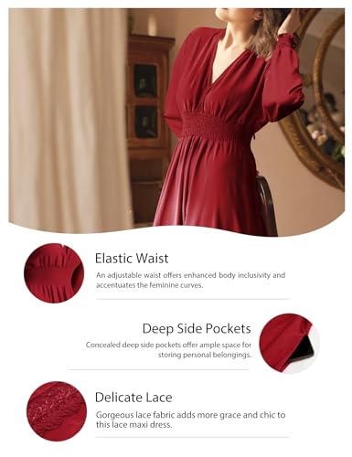 Image of Olaesa Long Sleeve Boho Maxi Dress for Women Lace Wedding Guest Dress | Spring Fall Bohemian Dress, Long Flowy Family Photo Dress with Pockets, V Neck Long Western Vacation Outfits
