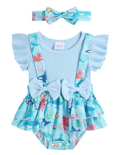 Image of UNICOMIDEA Infant Girl Summer Outfits Blue Whale Baby Clothes 6-12 Months Bodysuit with Headband Funny Suspender 1st Infant Girls Romper