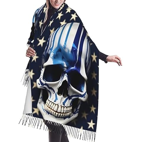 FRGMNT Blue Stripe Stars Skull Print Winter Soft Scarf Shawl,Fall Warm Tassel Scarf,Fashion Cashmere Shawls Wraps for Women Men Cover