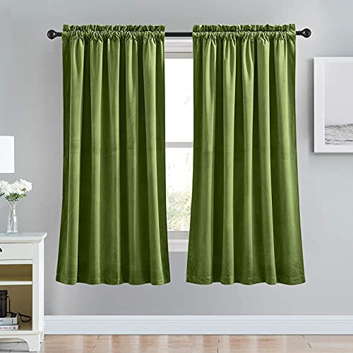 Image of RYB Home Olive Green Velvet Curtains for Living Room - Super Soft Room Darkening Farmhouse Small Window Covering for Bedroom Bathroom Dining Backdrop, 52 inch Wide x 63 inch Long, 2 Panels