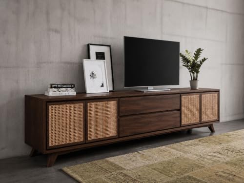 Image of Space Galaxy Solid Sheesham Wood Rattan TV Unit for Living Room | Cane Entertainment TV Stand with 4 Door Cabinet & 2 Drawers Storage |TV Cabinet Furniture for Home Walnut Finish (Size:-80x15x24 inch)