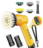 Qimedo ハンドヘルドお風呂掃除ブラシ|5000mAh大容量バッテリー搭載電動お掃除ブラシ|取り外し可能バッテリーで長時間使用&短時間充電|3段階モードのパワフル回転コードレスブラシ|5種類のブラシヘッド付き|浴室・窓・シンク・キッチン・年末大掃除対応