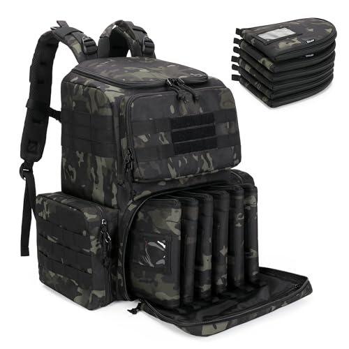 DSLEAF Tactical Range Pistol Backpack with 6 Pistol Cases Gun Backpack with 9X Magazine Slots for Shooting and Hunting