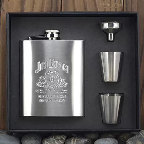 Image of AUGEN Hip Flask Stainless Steel Leak Proof Jim Silver Beam Leather Stiched 7oz (210ml) Liquor Pocket Flasks or Alcoholic Beverage Holder Set with Two Shot Glasses and Funnel Gift Set