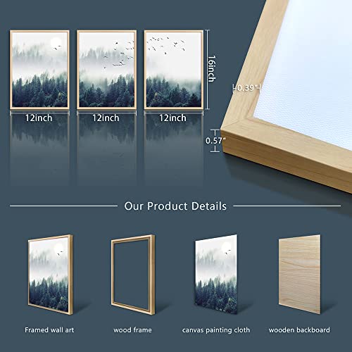 Framed Canvas Wall Art For Living Room-Wall Decorations For Bedroom Foggy Forest Trees Landscape Painting-Modern Home Decor Ready To Hang Wall Pictures Set Of 3 Piece Natural Wood Framed Art Prints #TOP5