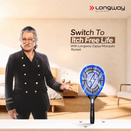 Image of Longway Zappy Rechargeable Mosquito Killer Racket Built in COB Light | 3500V DC Voltage on The Net Mesh| Mosquito Bat | 1 Month Stand by 500mah Long Lasting Internal Battery (Blue)