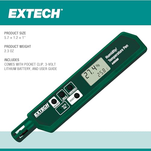 Image of Extech 445580 Humidity and Temperature Pen, Fast Sensor, Dual LCD | Fast-response sensor, MIN /MAX memory, pocket hygrometer, HVAC /labs /storage, indoor air monitoring