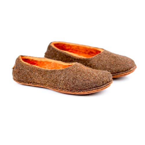 Natural wool slippers for women brown alpaca with orange inner layer4