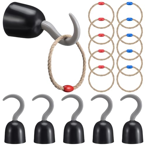 Leitee 15 Pcs Captain Hook Ring Toss Game Pirate Party Toss Game for Kid with Dice Rope Rings for Family Outdoor Yard Sport Party Accessories Captain Birthday Decor