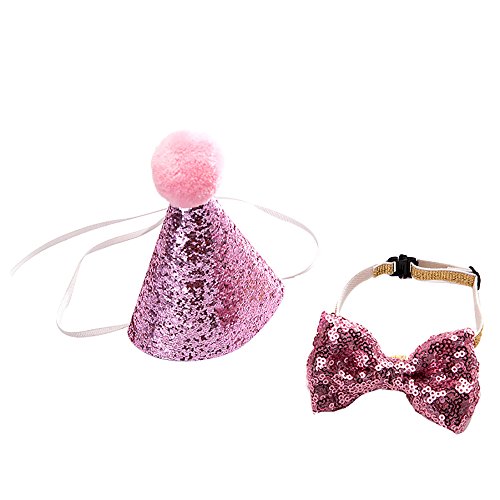 Urijk Set de Noeud pap&Chapeau Anniversaire Nœud Papillon Paillette Soirée Chapeau Anniversaire Chapeau de Fête Chien Chat Lapin Cravate Paillette Chat Costume Chien Décoration Cover