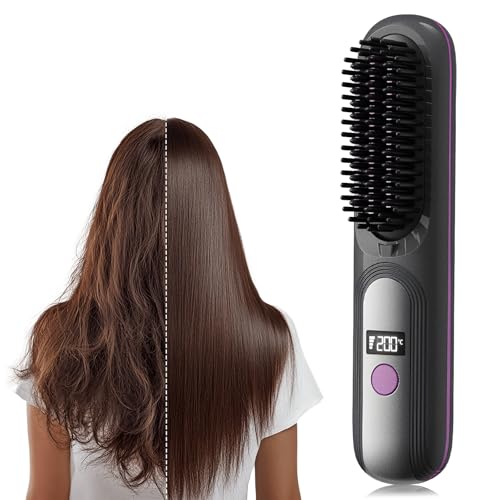 Go Brush Pro UK Cordless Hair Straightener Brush - Portable Rechargeable Ceramic Styling Brush with 4 Adjustable Heat Modes