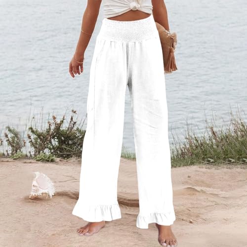 Image of Palazzo Pants for Women Linen Smocked Elastic Waist Ruffle Wide Leg Pants Summer Beach Flowy Boho Pant with Pockets