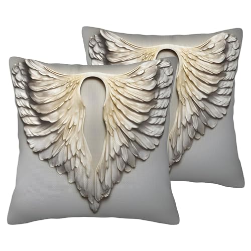 BREAUX Juego de 2 fundas de almohada con aspecto de lino con estampado de alas de ángel, fundas de cojín decorativas para sofá, cama, sala de estar