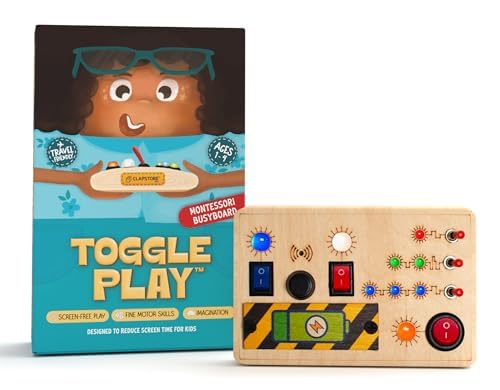 Clapstore Toys Montessori Toggle Play Busy Board with LED Light, Wooden Sensory Activity Board for Toddlers & Kids 1-6 Years, Hand-Eye Coordination & Brain Development for Boys & Girls
