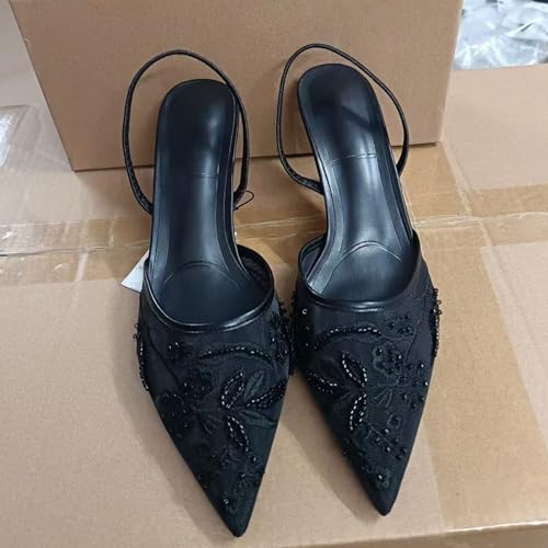 Lymphvity Women's Mesh Embroidered Slingback Heels with Bead Elegant Backless Kitten Heels Pointed Toe Wedding Bridal Dress Pumps Shoes (Black,10) by Lymphvity - Used condition - Image 2
