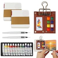 FICOFISE Tragbares Mini Aquarell Set – 7 Stück Pocket Aquarell Set 12 Farben mit Skizzenbuch, Paletten, Stiften & Clip, Portable Watercolor Palette für Künstler, Outdoor Skizze & Anfänger