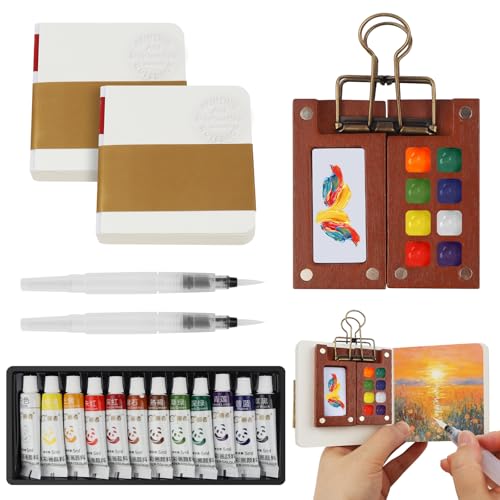 FICOFISE Tragbares Mini Aquarell Set – 7 Stück Pocket Aquarell Set 12 Farben mit Skizzenbuch, Paletten, Stiften & Clip, Portable Watercolor Palette für Künstler, Outdoor Skizze & Anfänger