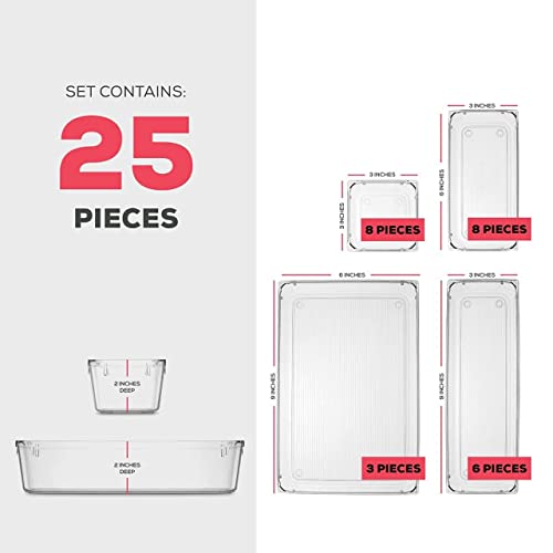 25 Pcs Drawer Organizer Set Dresser Desk Drawer Dividers - 4 Size Bathroom Vanity Cosmetic Makeup Trays - Multipurpose Clear Plastic Storage Bins For Jewelries, Kitchen Gadgets And Office Accessories #TOP1