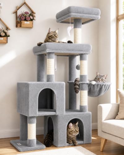 Image of Globlazer 52in Cat Tree Tower for Indoor Cats, 2 Condos, S52, Light Grey | Multi-Level Plush House, 5 Sisal Scratching Posts, 2 Padded Top Perches, Big Metal Basket, Stable Enlarged Base