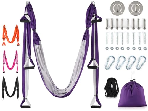 Ssumght Aerial Yoga Swing Set, aerial silks with Ceiling Mount Kit and Extension Straps, Antigravity Yoga Hammock Home Gym Include 2 Extensions Straps and Ceiling Mounting Kit (White-purple)