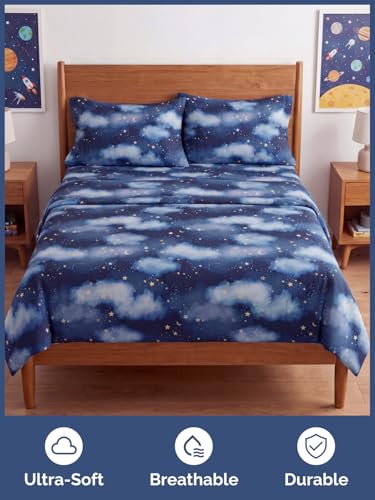 Image of Kids Full Size Starry Sky Bed Sheets - 4 Piece Kids Starry Sky Sheet Set | Starry Sky Themed Bedding, Ultra-Soft, Cute & Cozy, Breathable & Machine Washable, Bed Set for Boys, Girls & Teens & Cooling